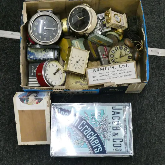 VINTAGE CLOCKS & ASST. TINS