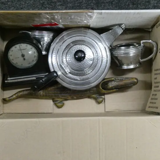  BRASS CROCODILE L.340mm, 3 PCE PEWTER TEA SET, THERMODIAL