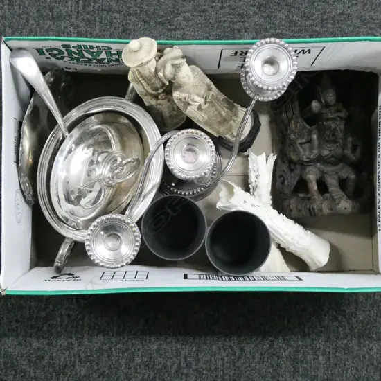 ASST. ITEMS; PR RESIN CHINESE FIGURES H.255mm, 3 INDONESIAN CARVINGS (2 BONE, 1 WOOD), 2 ORIENTAL CUPS H.135mm, EP