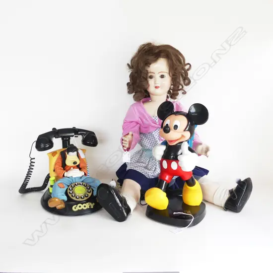 2 VINTAGE DISNEY TELEPHONES, MICKEY MOUSE H.350mm & GOOFY PHONE H.250mm & XTRA LRG VINTAGE CERAMIC DOLL H.760mm