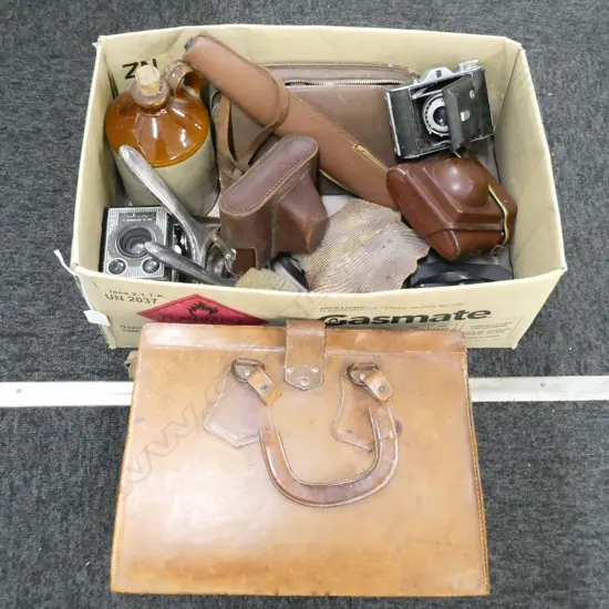 VINTAGE CAMERAS, LEATHER BAG ETC