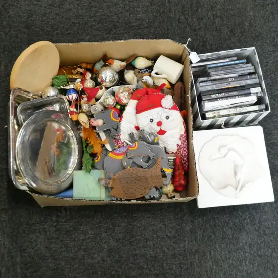 XMAS DECORATIONS, DVDS ETC