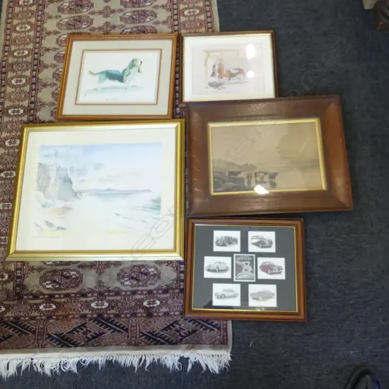 5 PRINTS; BASSET HOUNDS, BENTLEY CARS, 2 LANDSCAPES