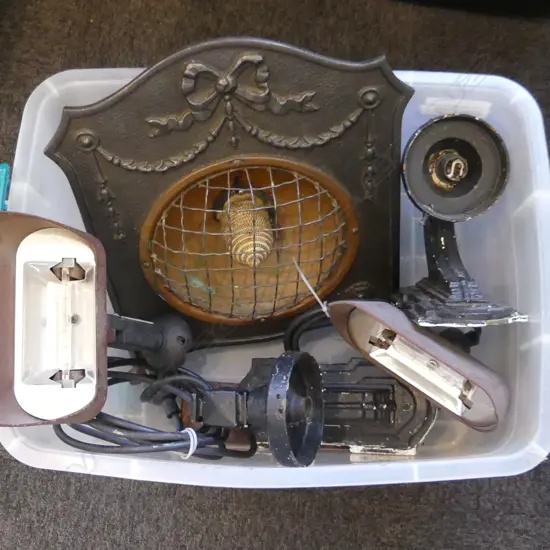 EARLY CAST IRON HEATER, PR MECHANIC LAMPS, PR EARLY CAST IRON EXTERIOR LAMPS & IRON WEDGE