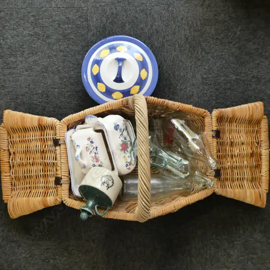 WOVEN PICNIC BASKET + MILK BOTTLES, TUREENS ETC