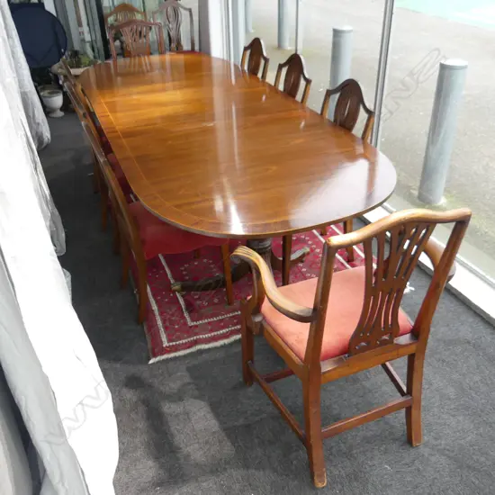MAHOGANY D END DINING TABLE & 12 CHAIRS (2 CARVERS) 2740x1070x730mm