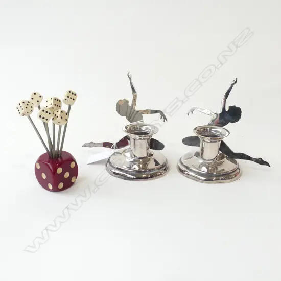 PR DECO EP CANDLE HOLDERS w. DANCER SILHOUETTE + DICE THEME COCKTAIL FORKS