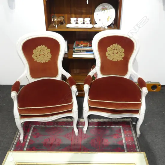 PR FRENCH STYLE CHAIRS; WHITE PAINTED FRAME, RED UPHOLSTERY