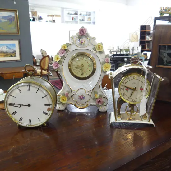 3 VINTAGE CLOCKS; SCHATZ, MERCEDES, OTHER w. CHIP H.205mm