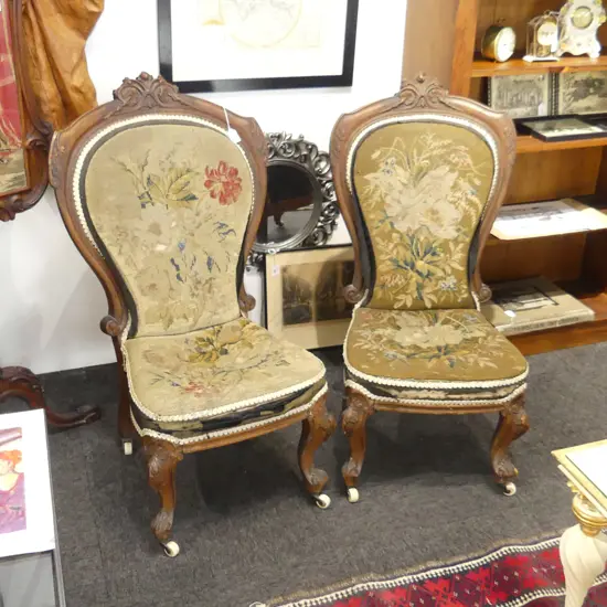PAIR OFVICTORIAN GRANDMOTHER CHAIRS, NEEDLEWORK UPHOLSTERY (WORN)