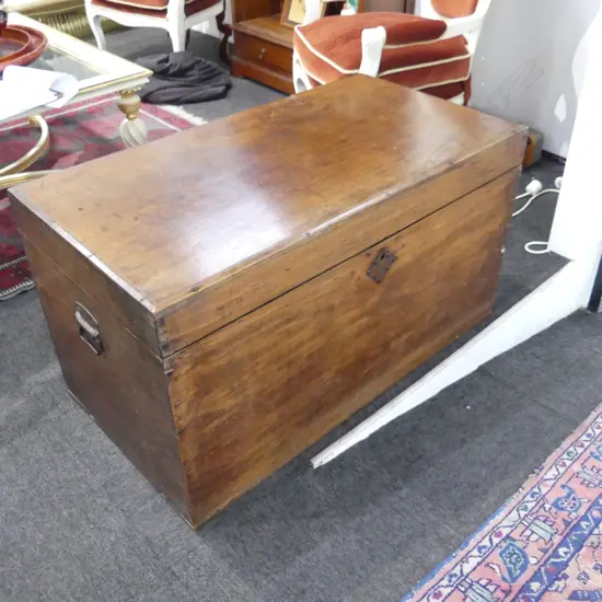 ANTIQUE MAHOGANY SHIPPING TRUNK WITH IRON FITTINGS 1000 x 540mm