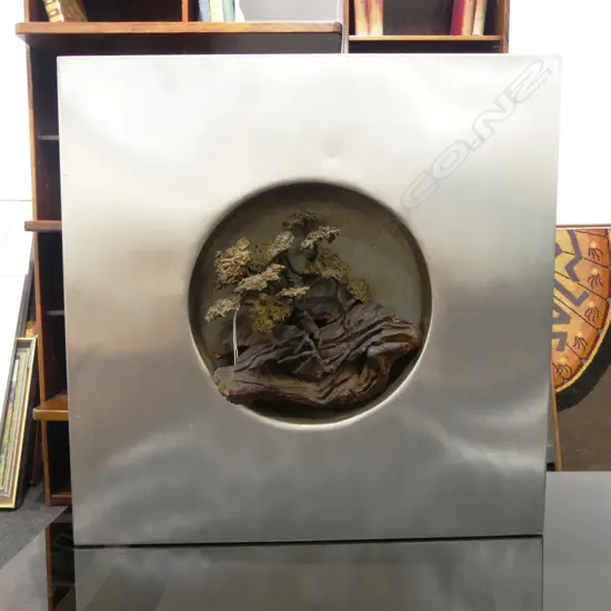 ORIENTAL CERAMIC BONSAI IN SILVER METAL FRAME 510x510mm ONE BRANCH BROKEN