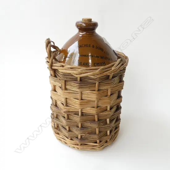 SCOTCH WHISKY STONEWARE JAR ‘WM. TEACHER & SONS’ IN WICKER SURROUND, H.34MM