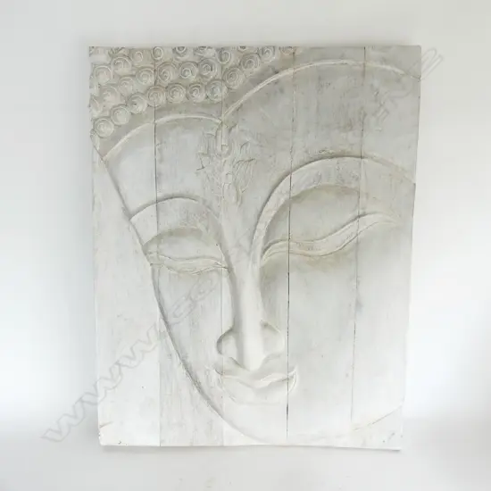 WHITE PAINTED CARVED WOODEN BUDDHA FACE ARTWORK 760x600mm