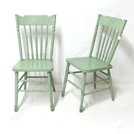2 GREEN PAINTED SPINDLE BACK CHAIRS (OLD BORER)
