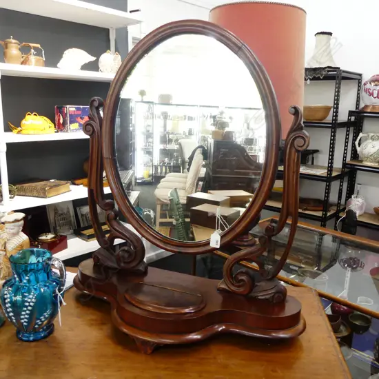 VICTORIAN c.1900 MAHOGANY CHEVAL MIRROR WITH COMPARTMENT, H.700mm