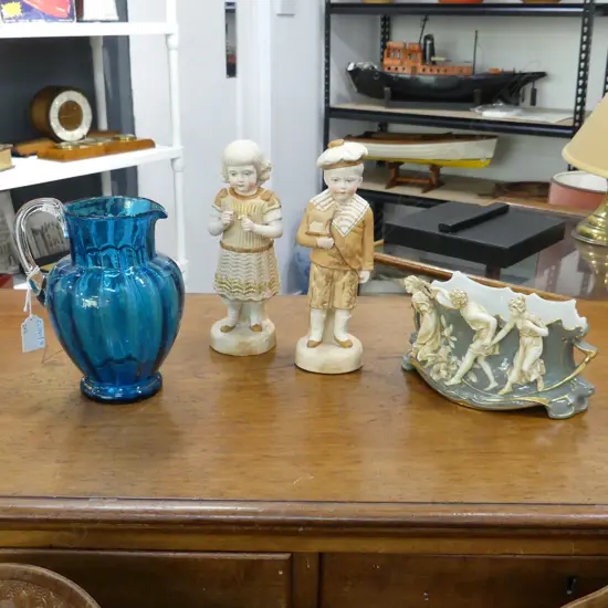 PR BISQUE CHILDREN H.240mm, VASE w. 3 FIGURES, BLUE GLASS JUG