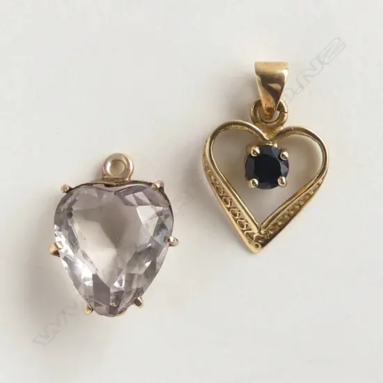 PR 9ct HEART PENDANTS SET w SAPPHIRE & QUARTZ