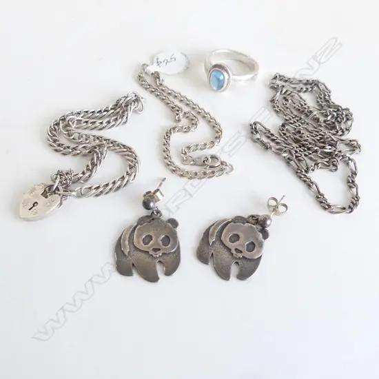 SILVER: CHAIN + 2 BRACELETS + RING + pr PANDA EARRINGS