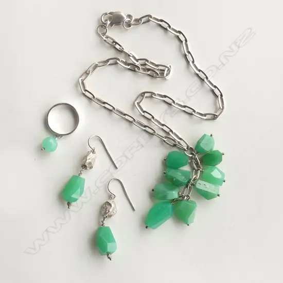 STG & CHRYSOPHASE SET; NECKLACE, RING, PR EARRINGS