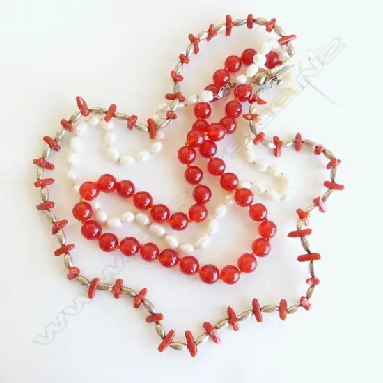 3 NECKLACES; MEXICAN SILVER/CORAL, FRESHWATER PEARLS w SILVER CLASP & RED BEAD KNOTTED NECKLACE w 14ct CLASP