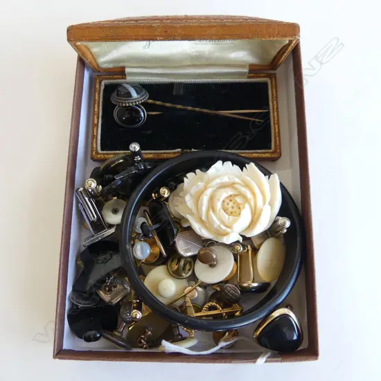 ASSTD CUFFLINKS/STUDS/BADGES ETHNIC BRACELET, IVORY BROOCH & 2 HAT PINS