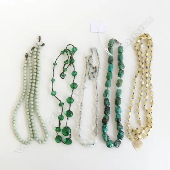 6 VINTAGE NECKLACES, GREEN TONES ETC