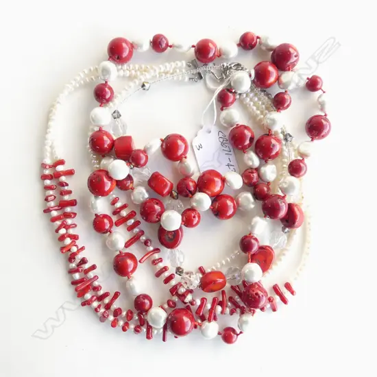 3 PEARL, GLASS & CORAL NECKLACES