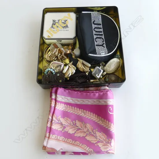 TRAY COSTUME EARRINGS ETC & PINK SILK SCARF, VERSACE LABEL with HAND ROLLED EDGES (2 SM MARKS)