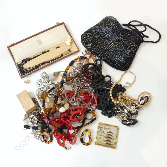 ASST. COSTUME JEWELLERY; NECKLACES, BLACK BEADED PURSE ETC