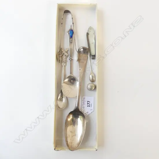 4 SILVER? SPOONS + TONGS, THIMBLE 127gms & MoP POCKET KNIFE