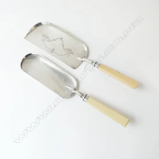 TWO ANTIQUE CRUMB TRAYS W. STG SILVER COLLARS SHEFFIELD 1918 & 1920, L.295-310MM