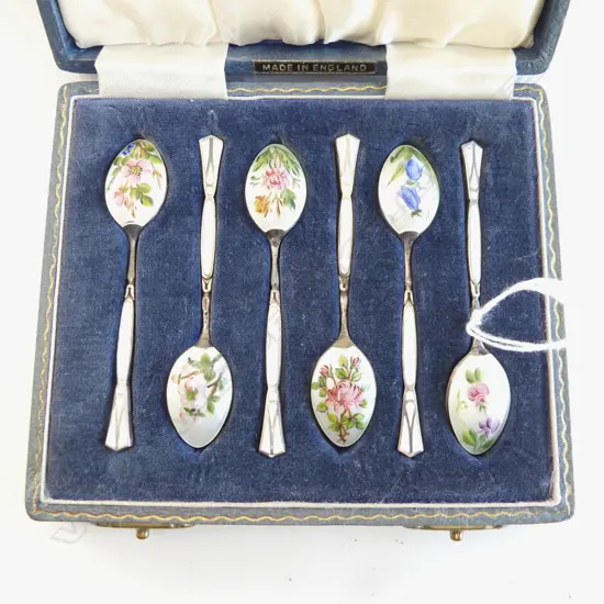 set 6 ENGLISH SILVER & FLORAL ENAMEL COFFEE SPOONS in original fitted box