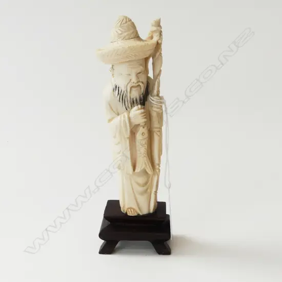 CARVED IVORY ORIENTAL FIGURE w STAFF & CARP, H.160mm ON STAND