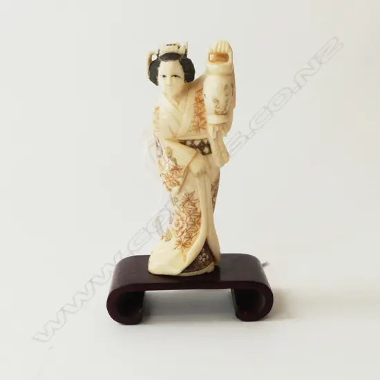 IVORY NETSUKE, WOMAN w LAMP, SIGNED ON BASE
