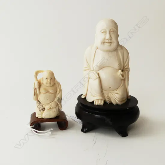 2 CARVED IVORY BUDDAHS ON STANDS, LRG H.120mm ON STAND, SML 50mm