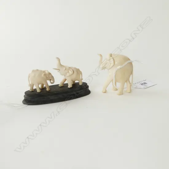 3 PCS CARVED IVORY ELEPHANTS; 2 GROUPS ON STANDS & 1 SINGLE
