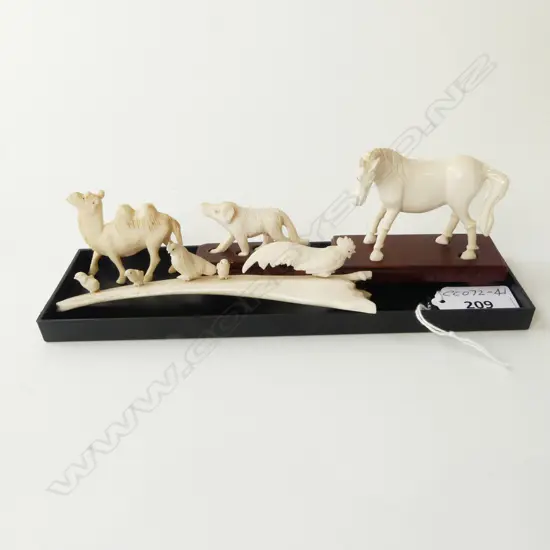 3 PCS CARVED IVORY, CAMEL, DOG ON STAND, HORSE ON STAND (faulted) & CARVED BONE CHICKENS