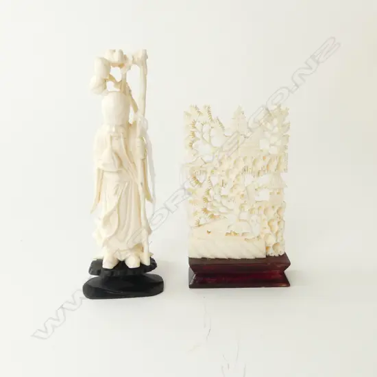 2 PCS CARVED IVORY, VILLAGE SCENE & CHINESE WISE FIGURE