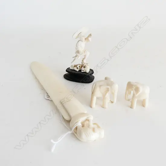 4 IVORY PCS LETTER OPENER L200MM 2 SMALL ELEPHANTS H30MM TALLEST & CHINESE FIGURE H75MM