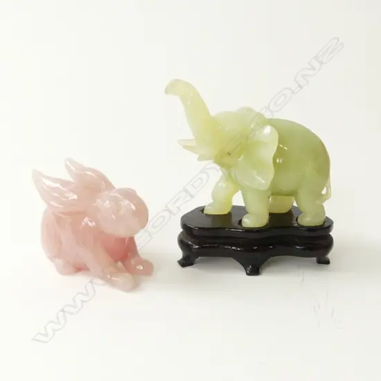 CARVED ROSE QUARTZ RABBIT H.70 x 60 & CHRYSOPRASE ELEPHANT ON STAND H.100 x 80mm (on stand)