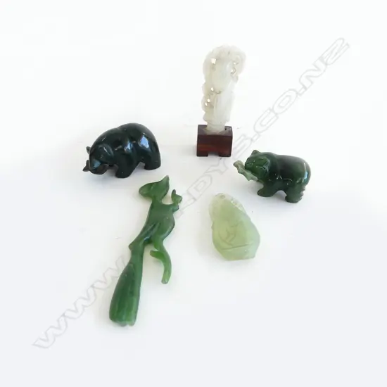 5 MINITURE JADE PCS  2 BEARS L30MM LONGEST ROAD RUNNER BIRD L70MM CHINESE BUDDHA  H40MM & CHINESE FIG ON STAND H50MM