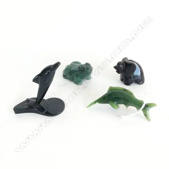 4 CARVED STONE PCS  JADE SWORDFISH L90MM FROG L50MM DOLPHIN & ELEPHANT FAULTS