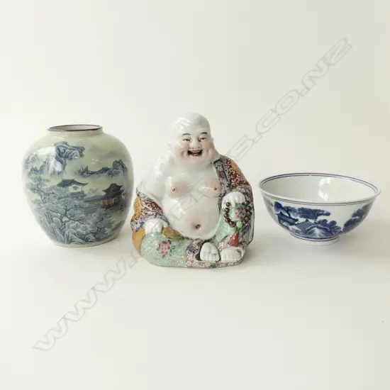 3 CHINESE CERAMICS; VASE, BOWL, BUDAI H.165mm