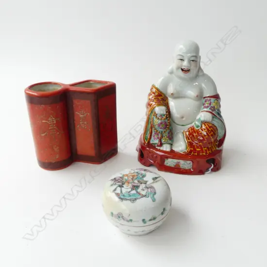 3 PCES CHINESE CERAMICS; BUDAI H.175mm, DOUBLE VASE, LIDDED CONTAINER 80mm dia