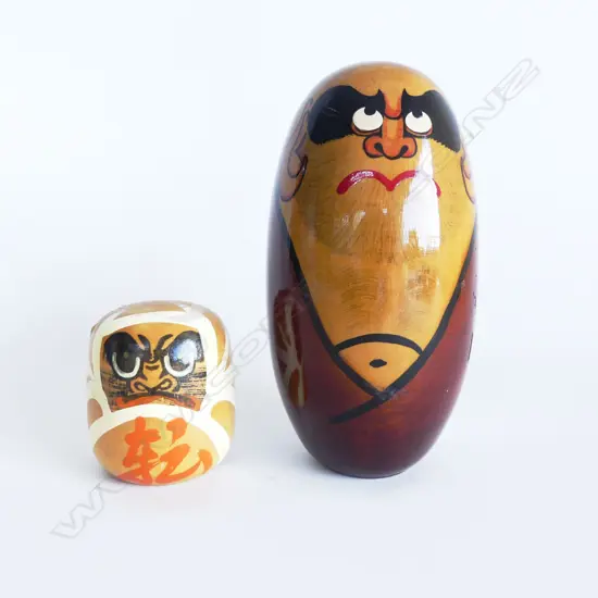2 JAPANESE DARUMA  GOOD LUCK FIGURES IN WOOD 1960S H150MM TALLEST