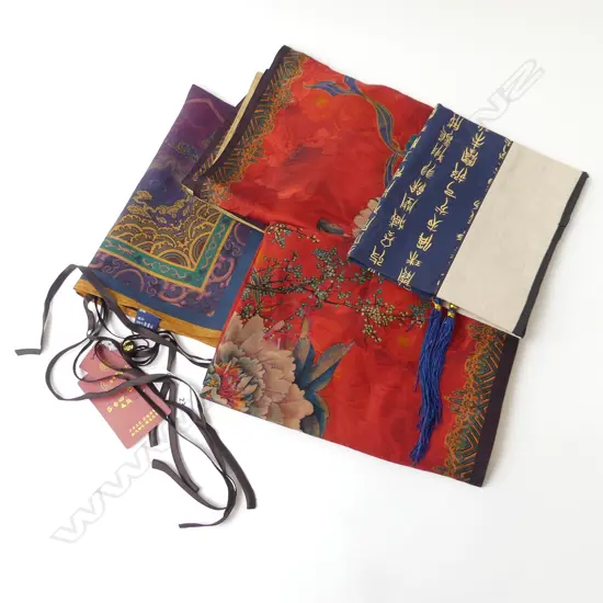 2 SILK CHINESE PILLOW CASES & 1 OTHER SILK FABRIC WITH TIES