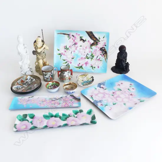 ASST. ORIENTAL ITEMS; 3 FIGURES (2 RESIN), PLATES ETC