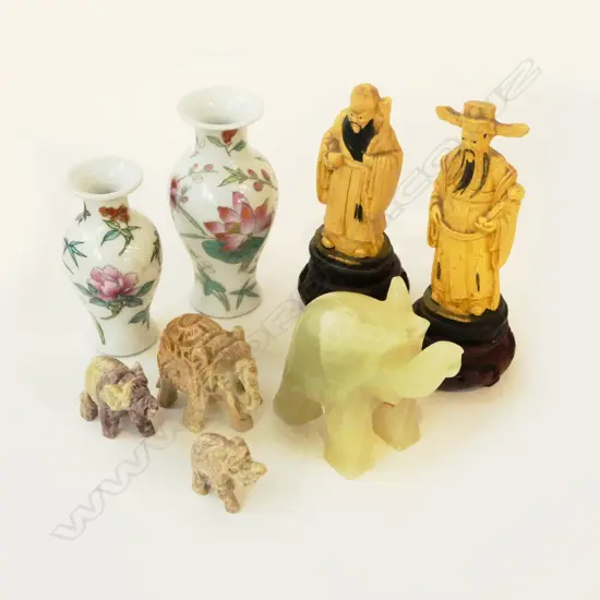 TRAY ORIENTAL ITEMS; MINI VASES ON STANDS, CARVED ELEPHANTS AGATE, & SOAPSTONE & 2 CHINESE FIGS