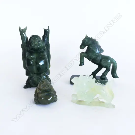4 PCS CHINESE CARVED JADE 2 BUDDHA, 1 DRAGON L70MM & HORSE OFF STAND